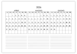 Calendario aprile maggio giugno 2026