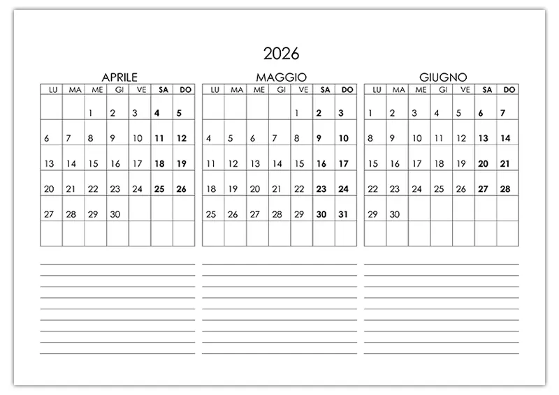 Calendario aprile maggio giugno 2026